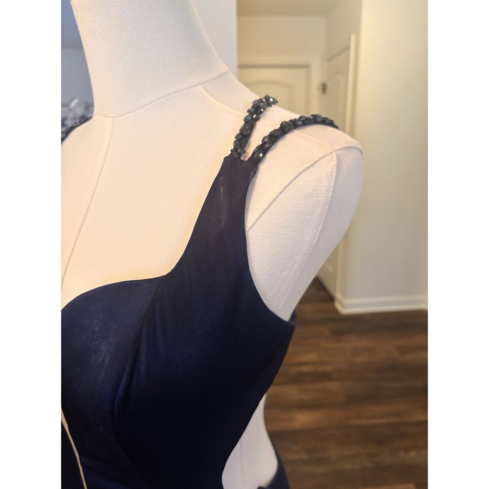 La Femme Y2K Blue Mermaid Flair Evening Gown Formal Prom Dress Illusion Plunge 6 - Picture 4 of 12